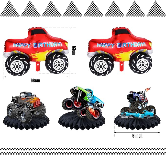 Skylety Monster Truck Birthday Party Supplies Truck Birthday Banner Triangle Bunting Hanging Swirls Multicolor Balloons Honeycomb Table Centerpieces Paper Fans