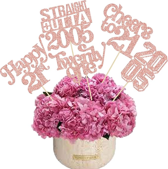 Gyufise 15Pcs Happy 21st Birthday Centerpiece Sticks Twenty One Straight Outta 2005 Table Flower Centerpieces Sticks for Cheers to 21st Birthday Party Supplies Rose Gold