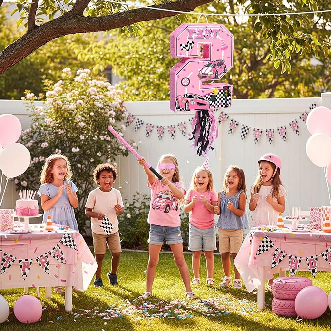 Number 2 Piñata Pink Race Car Party Decorations Racing Cars Pull String Piñata 2 with Stick Blindfold Checkered Wheel Pink Two Fast Birthday Decorations Girl Let's Go Racing Party Supplies