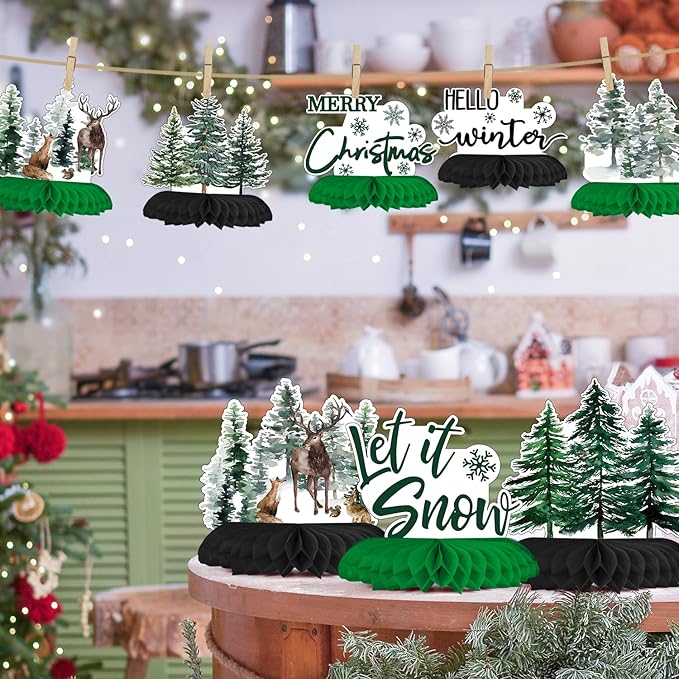 Horaldaily 9PCS Christmas Party Table Decoration Centerpieces, Merry Christmas Xmas Trees Deer Squirrel Rabbit Honeycomb Centerpieces Table Toppers for Christmas Themed Birthday Party
