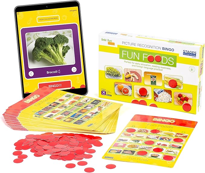 Stages Learning Materials Link4fun Real Photo Fun Food Bingo Game for Family, Preschool, Kindergarten, Elementary Education: 36 Picture Cards and App