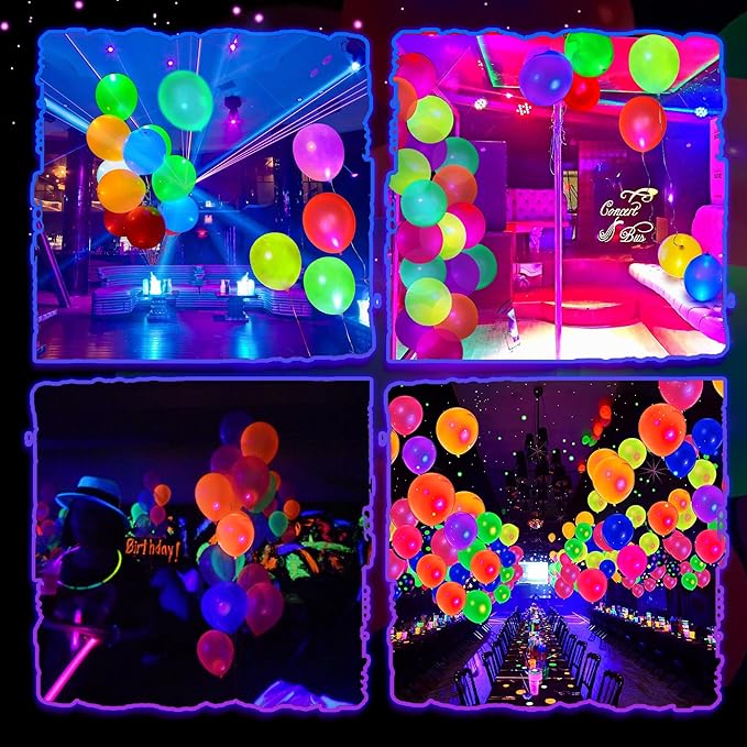 100pcs LED Glow Balloons Set Includes 50 PCS LED Round Mini Balloon Lights and 50 PCS UV Neon Balloons Glow in the Dark for Birthday Decorations Wedding Decoration Supplies