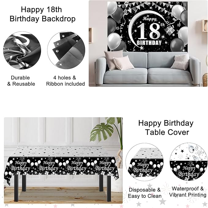 18th Birthday Decorations for Boys, Black White Happy 18th Birthday Decorations for Boy, 18 Year Old Birthday Decor with 18th Bday Banner Balloons Tablecloth Backdrop, 18 Years Party Supplies for Boys