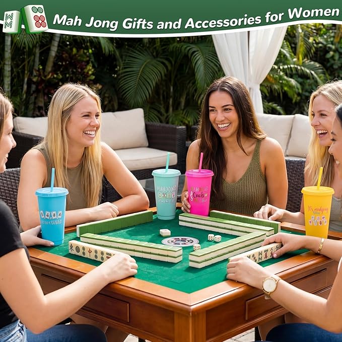 Sliner 12 Pcs Mahjong Cups with Lids and Straws 24 oz Reusable Plastic Mah-jong Tumblers Funny Mahjong Party Supplies Gifts for Mah-jong Players Lovers Travel Game Night