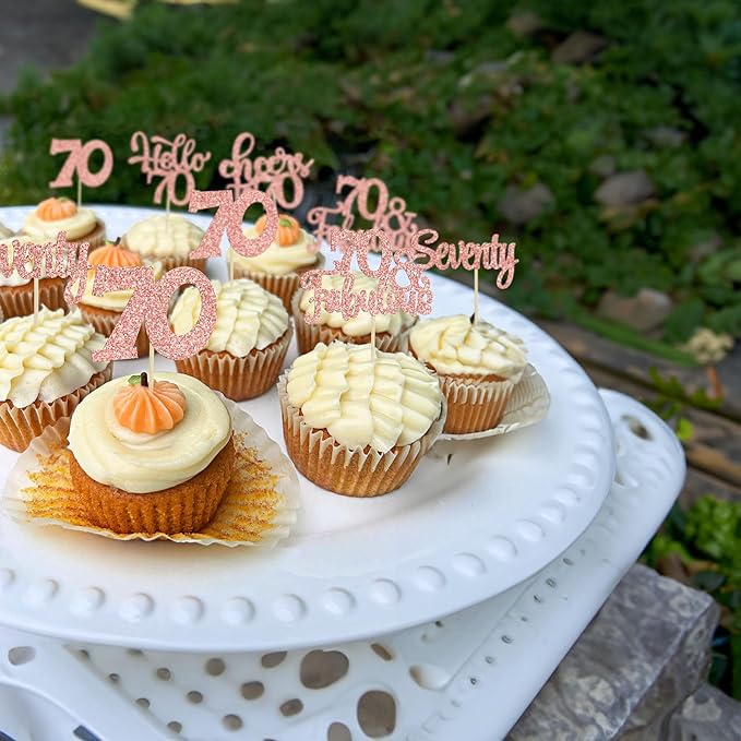 30Pcs Happy 70th Birthday Cupcake Toppers Seventy Cheers to 70 Years Old Birthday Cupcake Picks for 70th Anniversary Party Cake Decorations Supplies Rose Gold Glitter