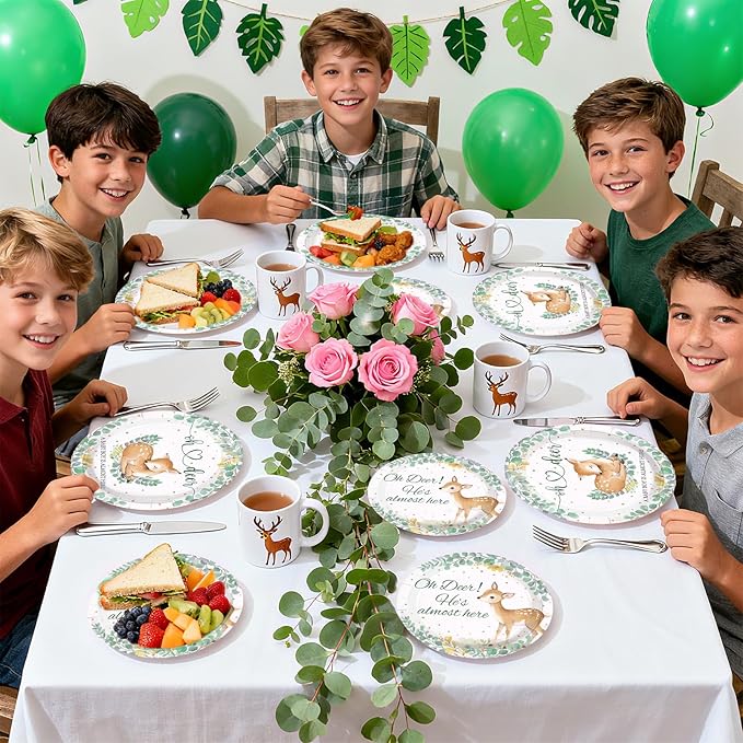 96Pcs Oh Deer He's Almost Here Baby Shower Party Supplies Green Deer Plates and Napkins Woodland Animal Tableware Set for Boy Animal Baby Shower Gender Reveal Party Supplies，Serves 24