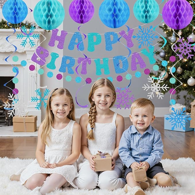 Amandir Snowflake Birthday Decorations for Girls, Glitter Happy Birthday Banner with Honeycomb Balls, Snowflake Hanging Swirls Streamers, Circle Dots Garland, Princess Winter Wonderland Party Supplies
