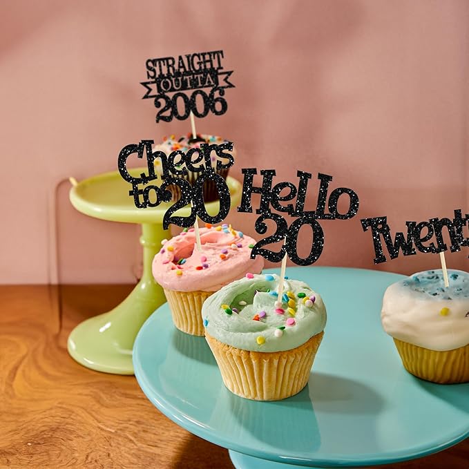 Ephlyn 24Pcs Happy 20th Birthday Cupcake Toppers Glitter Straight Outta 2006 Cupcake Picks Hello 20 Cheers to 20 Years Cake Decorations for 20th Birthday Anniversary Party Decorations Supplies Black