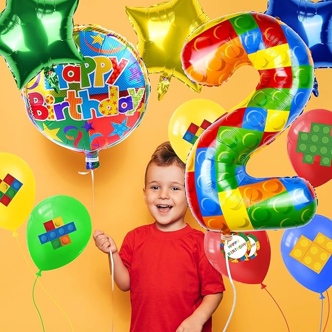 40 Inch Building Block Number Balloon, Colorful Number Block Foil Number 2 Balloons Large Big Numbers Helium Balloon for Girls Boys 2th Birthday Brick Theme Party Decorations (Number 2)