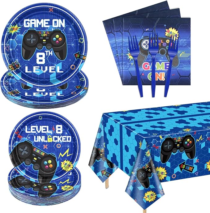 81 Pcs Video Game Party Supplies - 8th Birthday Video Game Party Decor Dinner Plates Napkins Video Game Tablecloth Forks Gaming Party Pack for Kid Boy 8th Birthday Party, Serves 20 (8th)