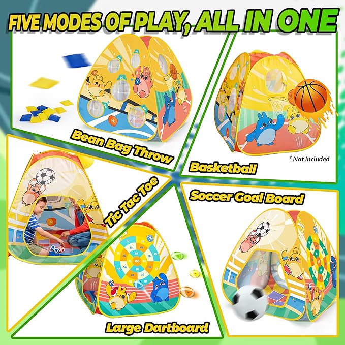 5-in-1 Kids Play Pop Up Tent with Bean Bag Toss Game Outdoor Toys, Tic Tac Toe, Dartboard,Soccer, Basketball, Carnival Outside Combo Set for Backyard Beach Lawn Party Fun, Birthday Gift for Boys Girls