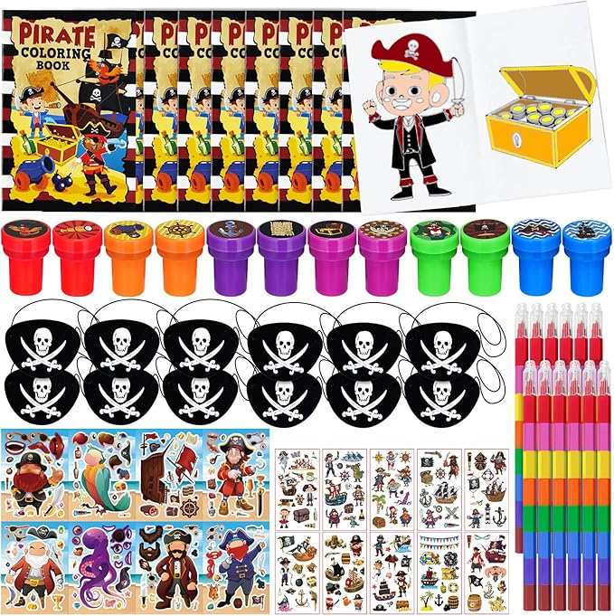 Cinrobiye 72 Pcs Pirate Party Favors Bulk, Pirates Parrot Skull Coloring Books Stickers Stampers for Birthday Goodie Bag Fillers，Carnival Prizes Pinata, Nautical Treasure Hunt Party Supplies