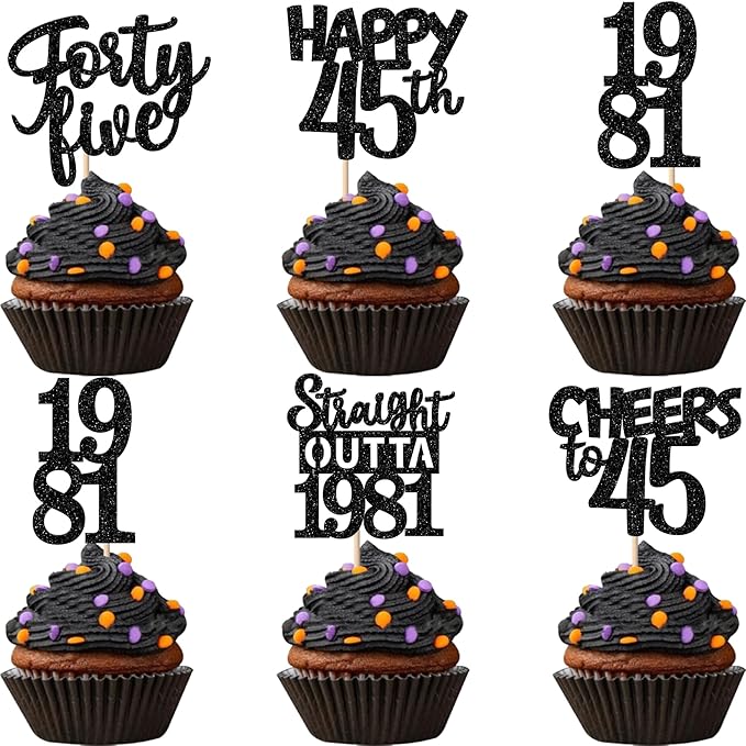 30PCS Black 45th Birthday Cupcake Toppers Glitter Forty Five Happy 45 Straight Outta 1981 Cupcake Picks for Cheers to 45 Years 45th Birthday Anniversary Party Cake Decorations Supplies