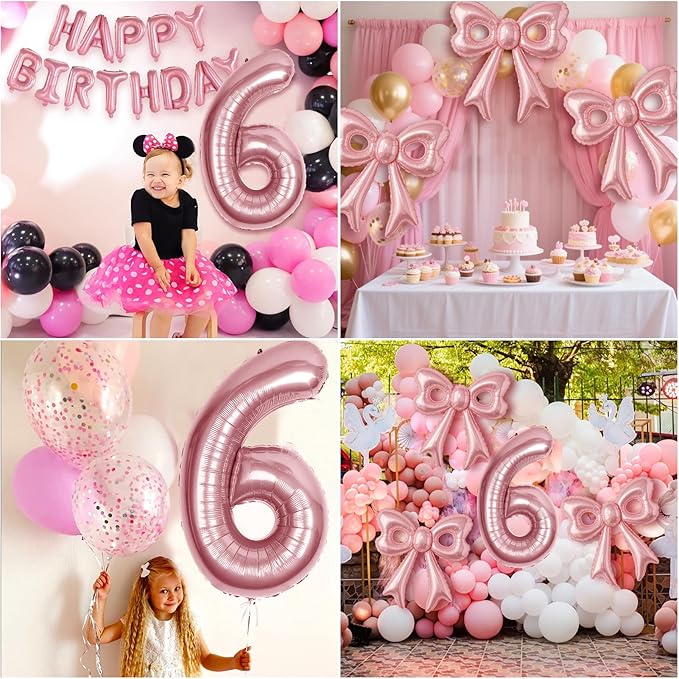 Bow Number 6 Birthday Balloons, 40" Pink Aluminum Foil Balloons Happy Birthday Balloon for Girl 6th Birthday Party, Princess, Coquette Party Decorations Supplies
