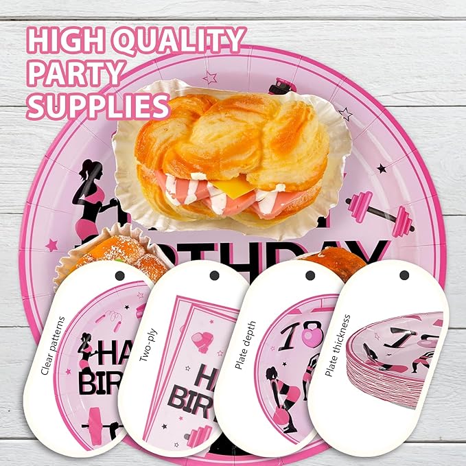 96Pcs Gym Happy Birthday Party Decoration Black and Pink Work Out Weight Plates and Napkins Disposable Weightlifting Equipment Tableware Set for Bodybuilding Girl Birthday Party Supplies Serves 24