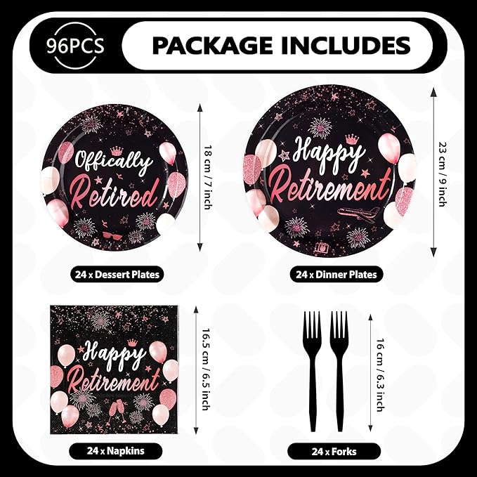 96Pcs Retirement Party Decorations Black Rose Gold Retirement Plates and Napkins Tableware Set Officially Retired Party Decoration for Women Going Away Graduation Farewell Birthday Supplies Serves 24