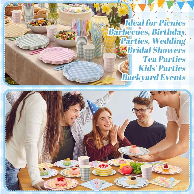 450 Pcs Gingham Tableware Set Decorations Pastel Plaid Paper Plates Napkins Cups Cutlery Straws Checkered Dinnerware Set for Easter Baby Shower BBQ Picnic Birthday Party Supplies, Serves 50