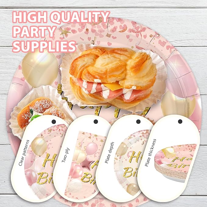 96Pcs Blush Beige Birthday Party Decorations Boho Dusty Pink Plates and Napkins Pink Rose Gold Glitter Happy Birthday Tableware Set for Women Girls Bridal Shower Wedding Party Supplies, Serves 24