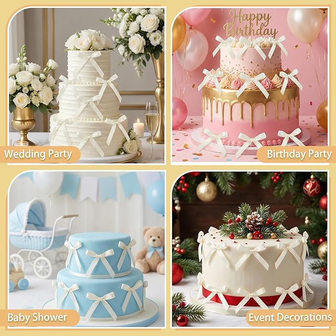30 Pack Bow Cake Toppers Ivory Ribbons Bows for Cake Bow Cupcake Toppers Ivory Bow Birthday Decorations for Baby Shower Birthday Wedding Party Supplies