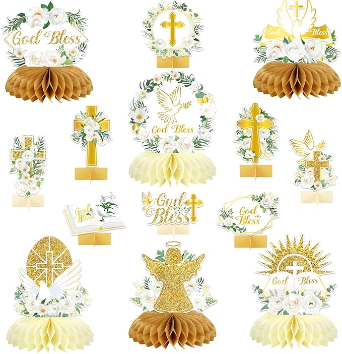 party greeting 14Pcs White Gold Floral Decoration Honeycomb Centerpieces God Baptism Decoration God Bless Centerpieces for Table Decoration First Communion Party Supply Centerpieces Double Side Table