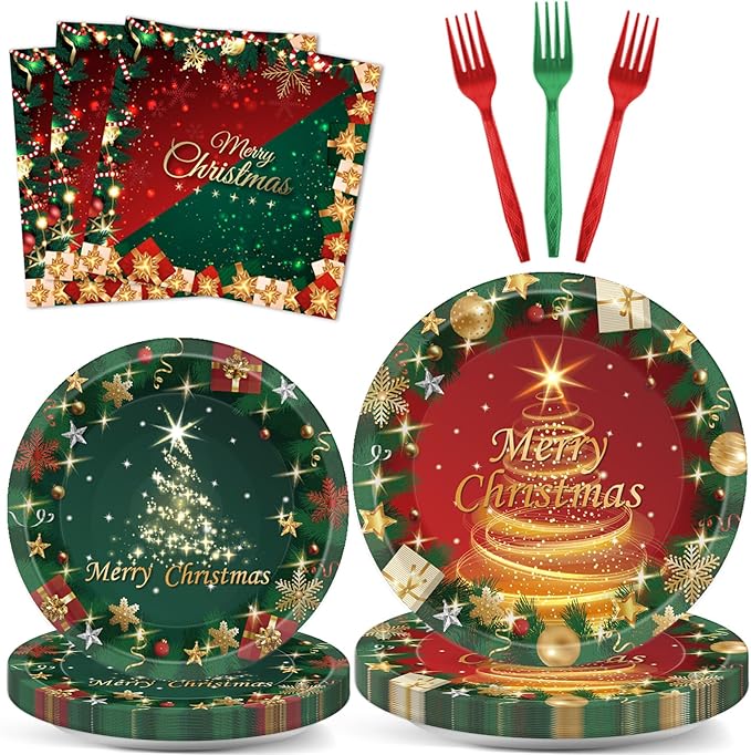 96PCS Christmas Party Supplies - Paper Plates & Napkins in Red & Green - Serves 24 - Xmas Tree Party Decorations & Favors