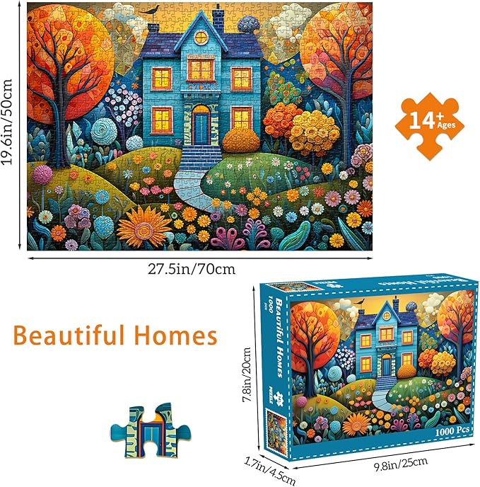 Jigsaw Puzzles for Adults 1000 Pieces, Interlock Perfectly Letter on Back No Dust, Home Decor Birthday Party Gift Toy for Men Women Elders Seniors, 1:1 Poster-Beautiful Homes