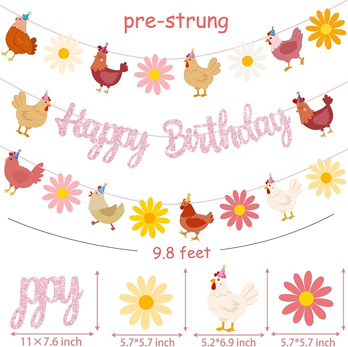 Chicken Themed Birthday Party Supplies Daisy Chicken Happy Birthday Banner Pink Glitter Floral Little Chick Party Decoration Hen Themed Cutout Banners for Girls Farm Animal Bday Baby Shower Supplies