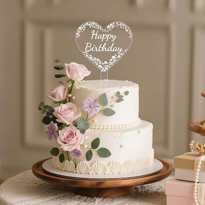 Coucoland Happy Birthday Cake Topper - Heart Acrylic Cake Decor with Sparkling Rhinestones and Pearls for Party Supplies