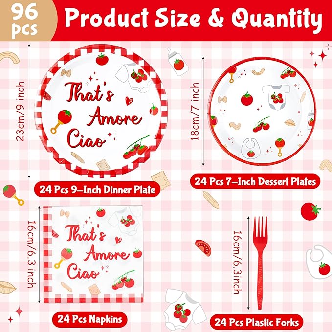 Haooryx Baby Pasta Noodle Party Tableware - 96Pcs Red Tomato Italian Noodle Baby Print Decor Disposable Paper Plates Napkins Plastic Forks for Baby Shower Boys Girls Birthday Party Table Decor Supply
