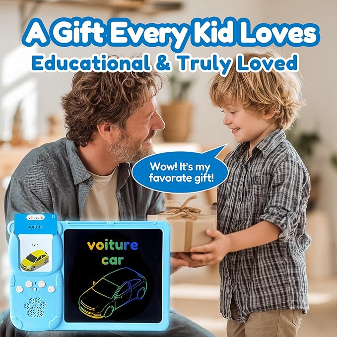 Drawing Tablet with Bilingual Flashcards for Kids - French English Talking Flash Cards, LCD Writing Pad Board, Pocket Speech for Toddlers, Learning Toy Gift for Boys Girls (French, Blue)