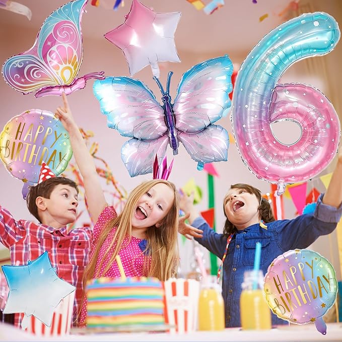 Butterfly Balloons - 6th Birthday Decorations for Girls, Gradient Pink Colorful Foil Balloons, Giant Number 6 Mylar Balloon, Butterfly Theme Party Supplies