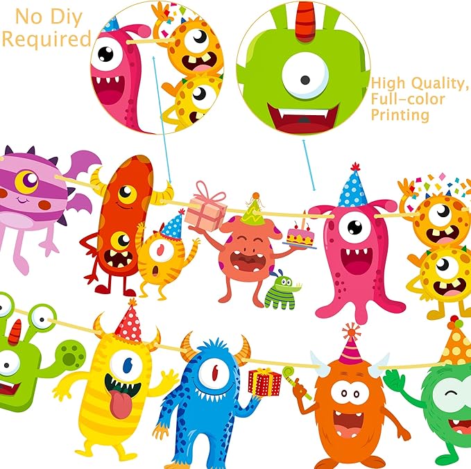 Monster Happy Birthday Banner Monster Bash Birthday Party Supplies Glitter Little Decorations for Kids Little Monster Theme Baby Shower Birthday Banner Supplies
