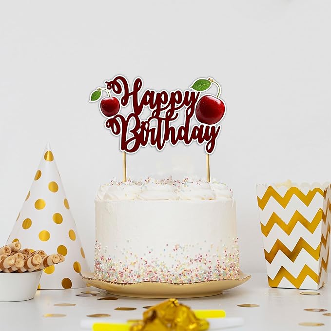 "Cherry Happy Birthday Cake Topper – Cute Fruit-Themed Birthday Party Decoration for Adults – Red Cherry Cake Topper for Dessert Tables, Smash Cakes, High Chairs, and Themed Birthday Celebrations"