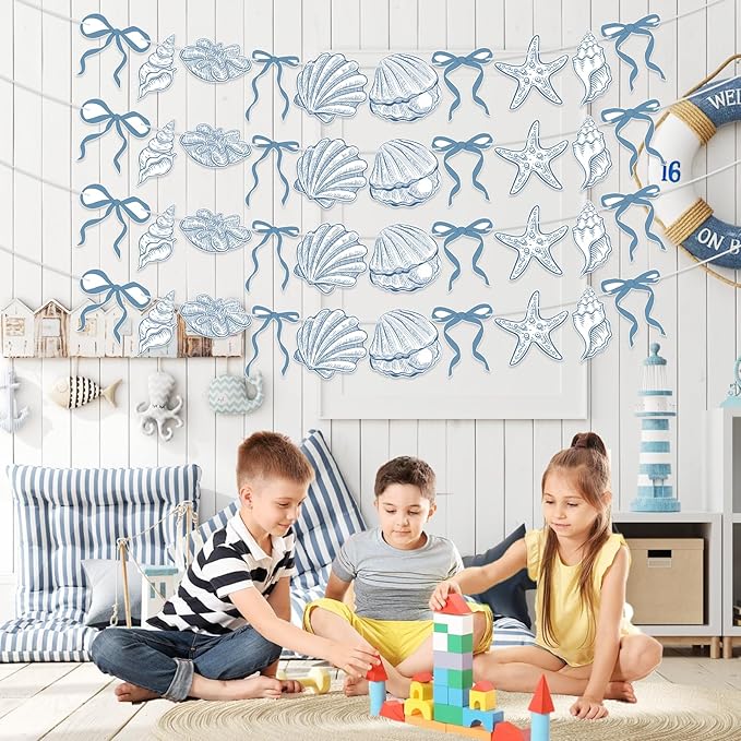 4 PACK Summer Banner Seashells Decor Party Decorations Party Supplies Birthday Decorations Blue Bow Starfish and Christmas Ornaments Under The Sea Paper Hanging Banner for Women Men Baby Showre
