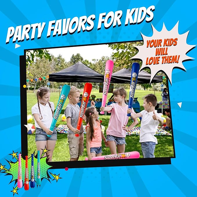 Bedwina Inflatable Baseball Bats in Bulk - (Pack of 12) - Giant 42 Inch Baseball Party Favors for Kids, Sports Theme Toy Party Supplies and Birthday Party Decorations