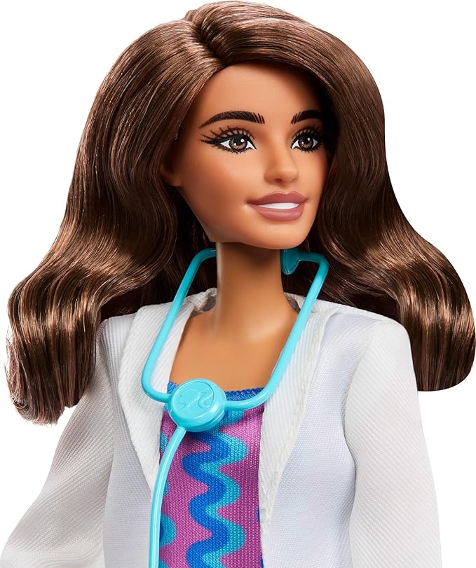 Barbie Careers Doctor Fashion Doll Wearing Removable Look with White Coat, Dress & Shoes, Plus Stethoscope Accessory