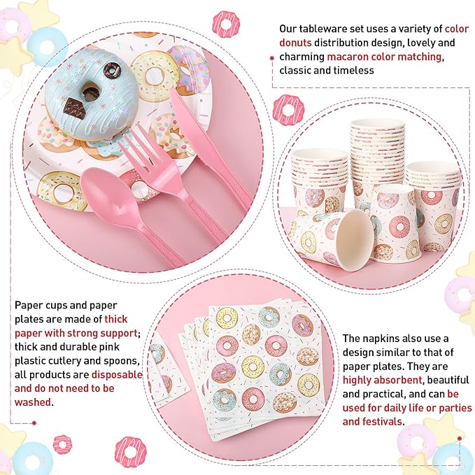 350 Pcs Donut Grow up Party Supplies Tableware Set Disposable 9'' 7'' Paper Plates 9 oz Cups Cutlery Napkins Dinnerware Set for 1st Birthday, Serve 50 (Donut Grow Up, Macron Color)
