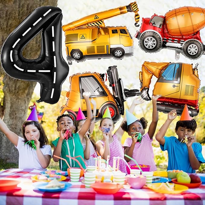 Construction Birthday Decorations 4 Year Old, Large Construction Balloons 40Inch Racetrack Black Number 4 Balloons Construction Truck Foil Balloons for Boys 4th Construction Birthday Party Supplies