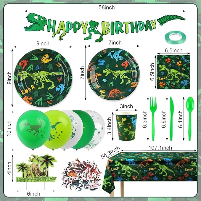 208pcs Dinosaur Birthday Party Decorations For Boys, Dinosaur Themes Birthday Party Supplies Serve 20 with Disposable Plates,Napkins,Cups,Cutlery Set, Banner,Tablecloth,Cake Topper,Ballons,Stickers