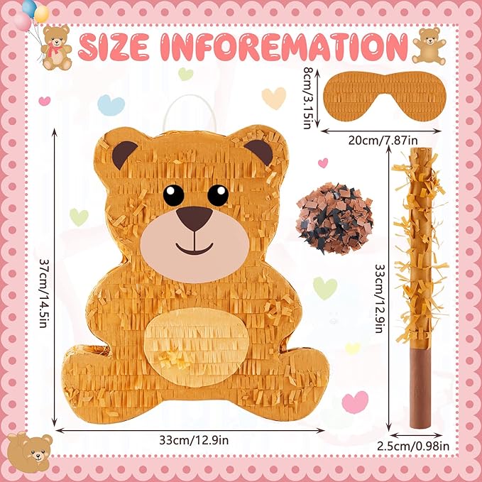 Lewtemi 14.5 Inch Bear Piñata Bear Themed Birthday Party Supplies Animal Piñata with Wood Bat Stick, Paper Blindfold and Confetti for Valentine Baby Shower Party Decor Kid Adult Boy Girl