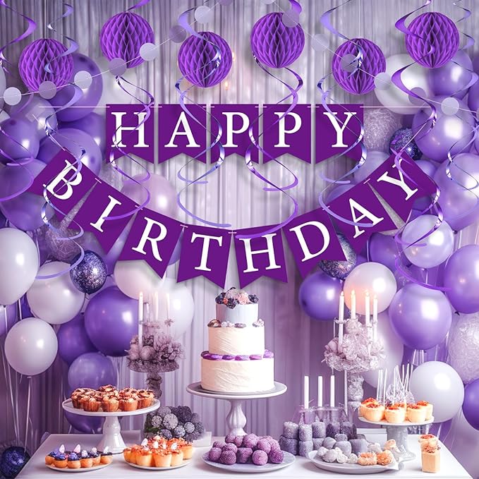 Purple Birthday Decorations Kit - 16-Piece Set with Pre-Strung Happy Birthday Banner, Honeycomb Balls, Garland & Swirls | Purple Theme Party Supplies for Women Girls Kids, Teens Adults
