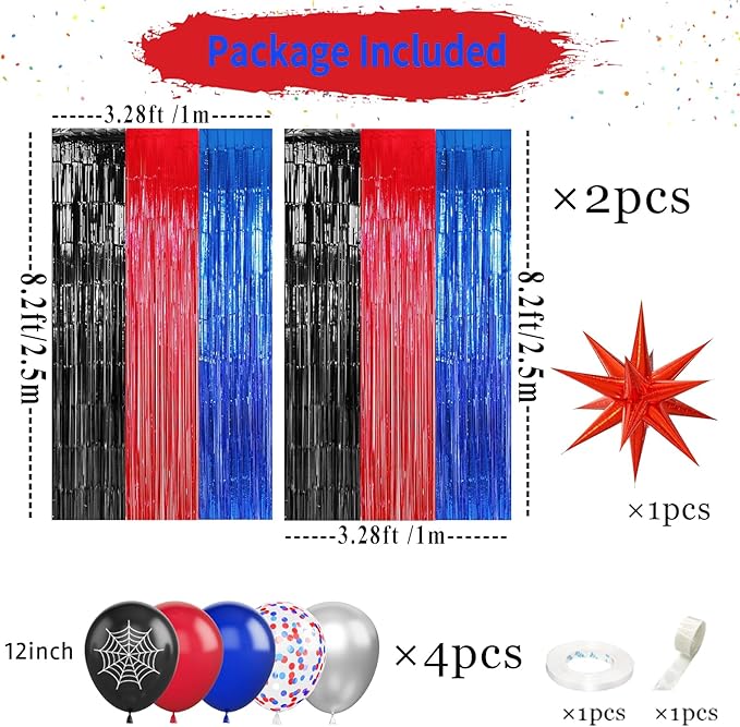 23Pcs Anime Spider Birthday Decorations, Red Black Blue 3.3x8.2ft Tinsel Foil Fringe Curtains Banners and Cobweb Balloons for Spider Theme Birthday Party Decorations Boys and Girls Party Supplies