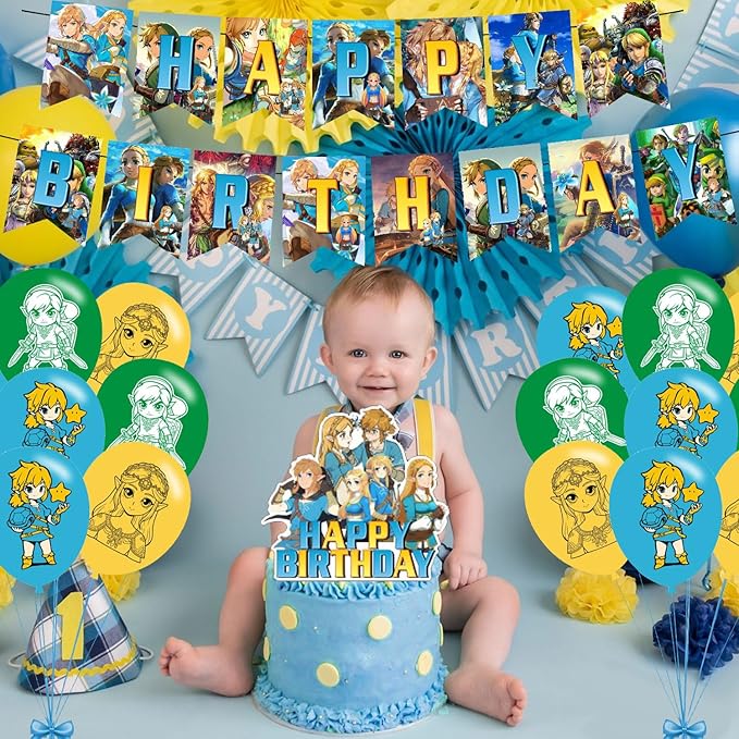 ELZEM 𝓩𝓮𝓵𝓭𝓪 Party Decorations,Legend Game Birthday Party Supplies Includes Banner- Cake Topper - 12 Cupcake Toppers - 18 Balloons, Blue