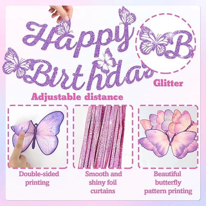 33Pcs Purple Happy Birthday Decorations for Women, Butterflies Birthday Decorations Purple Butterfly Decorations with Banner Hanging Swirl for Women Girl Butterfly Theme Party Supplies
