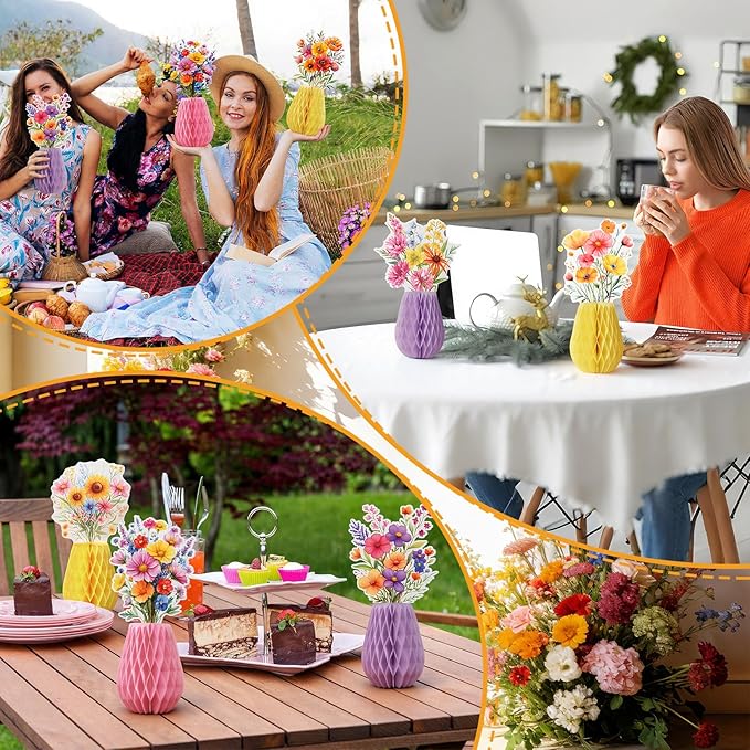 9 Pcs Wildflower Honeycomb Table Centerpieces Wildflower Birthday Party Decorations Spring Floral Table Centerpieces Paper Honeycomb Decor for Birthday Baby Shower Supplies Office