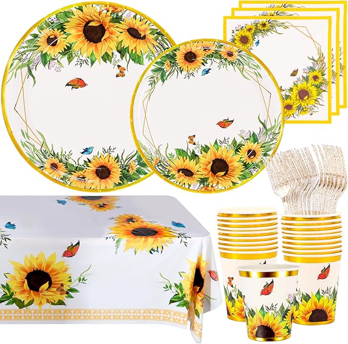Sunflower Party Supplies, Disposable Plates, Cups, Napkins and Cutlery for Birthday, Bridal Shower, Sunflower Party Decorations Serves 24