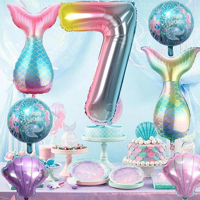 7th Mermaid Birthday Decorations,Pink Blue Balloons Kit Sea Balloon Tail Balloons for Girls Mermaid Party Baby Shower