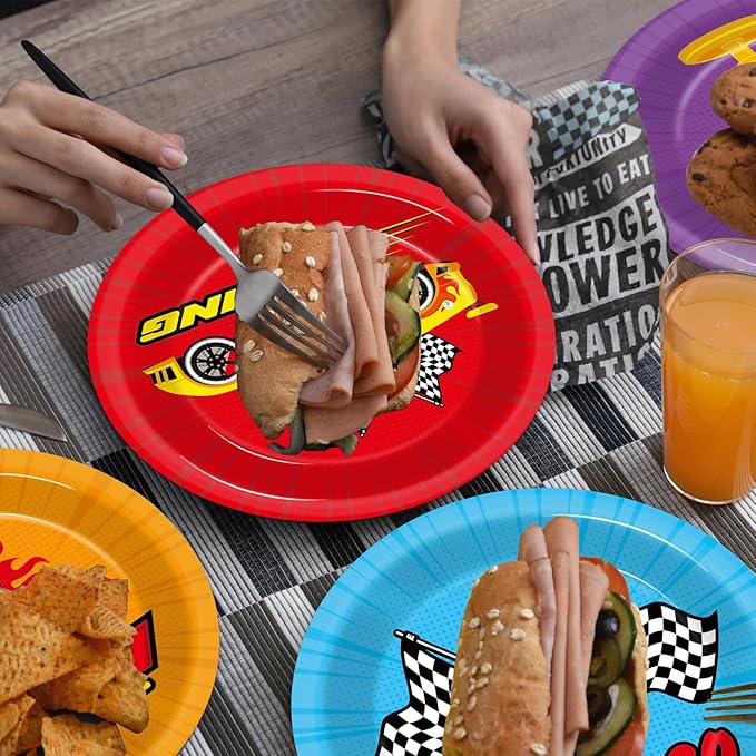 CHUNNIN 60Pcs Race Car Party Paper Plates for Party Decorations 7in Racing Sports Dessert Plates Disposable Tableware Dinnerware Set for Baby Shower Boys Birthday Racing Themed Party Supplies