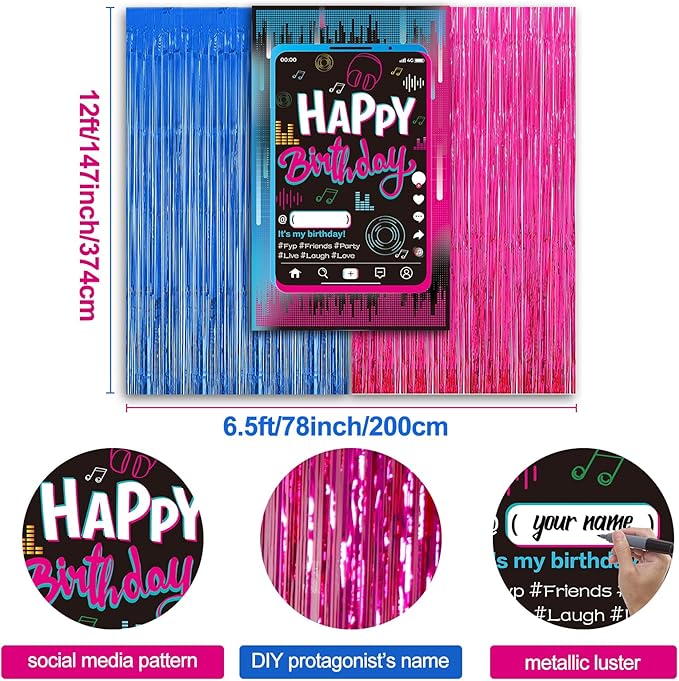 OurWarm Tik Tok Birthday Party Decorations, 135Pcs Happy Birthday Decorations, Includes Banner, Fringe Backdrop, Balloons Arch, Tablecloth for Party Supplies