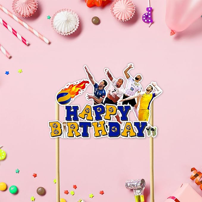 Volleyball Happy Birthday Cake Topper - Sporty Volleyball Design, Athletic Theme Party Cake Decoration for Birthday Celebration, Dessert Table Display, Sports Event Decor, Photo Prop.